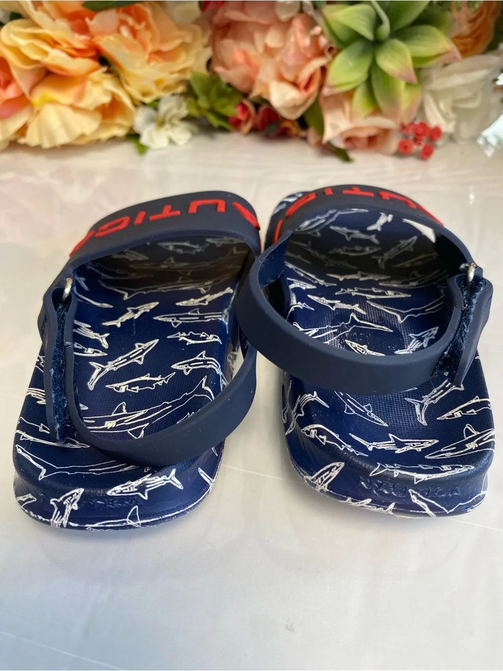 Nautica Boys Shark Print Logo Slingback Water Sandals Navy Red Size 7